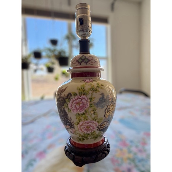 Other - Vintage Chinoiserie 12" Porcelain Ginger Jar Lamp Hand-Painted Foo Dogs & Peonie